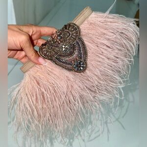 Bgo & Me Elegant Pink Ostrich Feather Clutch with Beaded Detail